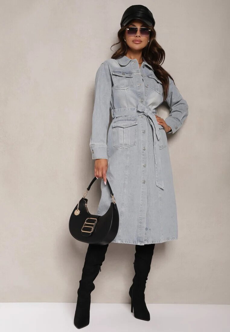 bisou's project Rochie din denim de bumbac albastră deschisă în stil cămașă cu curea și buzunare Dettia