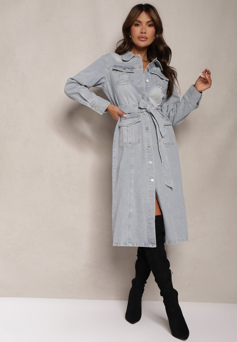 bisou's project Rochie din denim de bumbac albastră deschisă în stil cămașă cu curea și buzunare Dettia