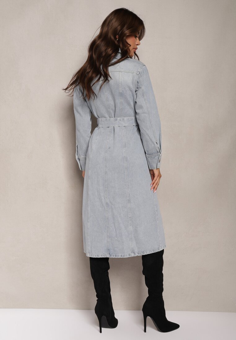 bisou's project Rochie din denim de bumbac albastră deschisă în stil cămașă cu curea și buzunare Dettia