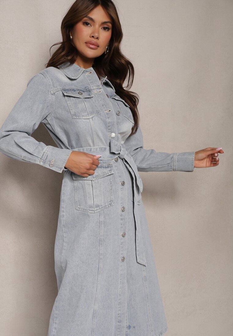 bisou's project Rochie din denim de bumbac albastră deschisă în stil cămașă cu curea și buzunare Dettia
