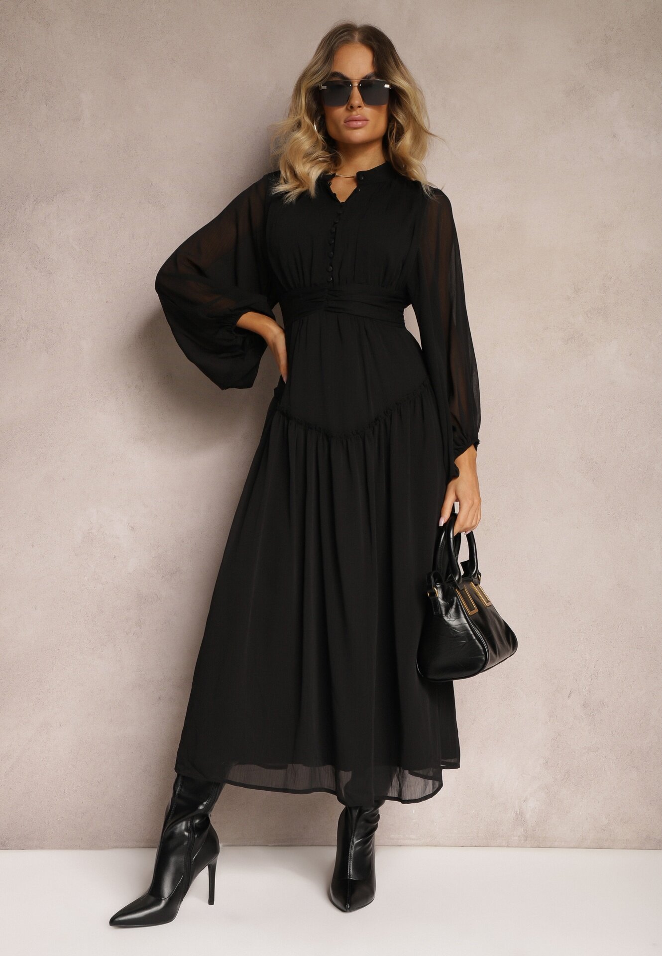 bisou's project Rochie Elegancka Neagră în Stil Vintage cu nasturi acoperiți și încrețituri Lefandia