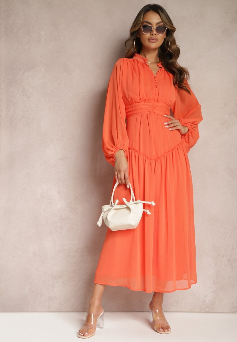 bisou's project Rochie Elegantă Portocalie în Stil Vintage cu nasturi îmbrăcați și draperii Lefandia