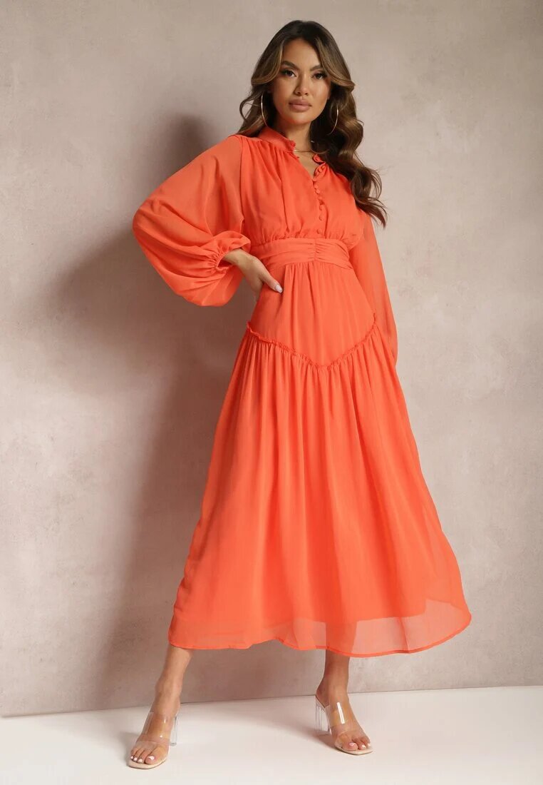 bisou's project Rochie Elegantă Portocalie în Stil Vintage cu nasturi îmbrăcați și draperii Lefandia