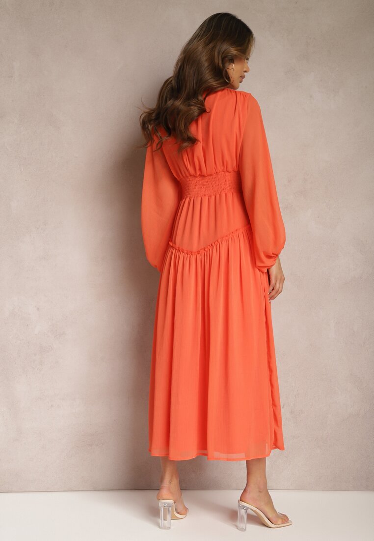 bisou's project Rochie Elegantă Portocalie în Stil Vintage cu nasturi îmbrăcați și draperii Lefandia
