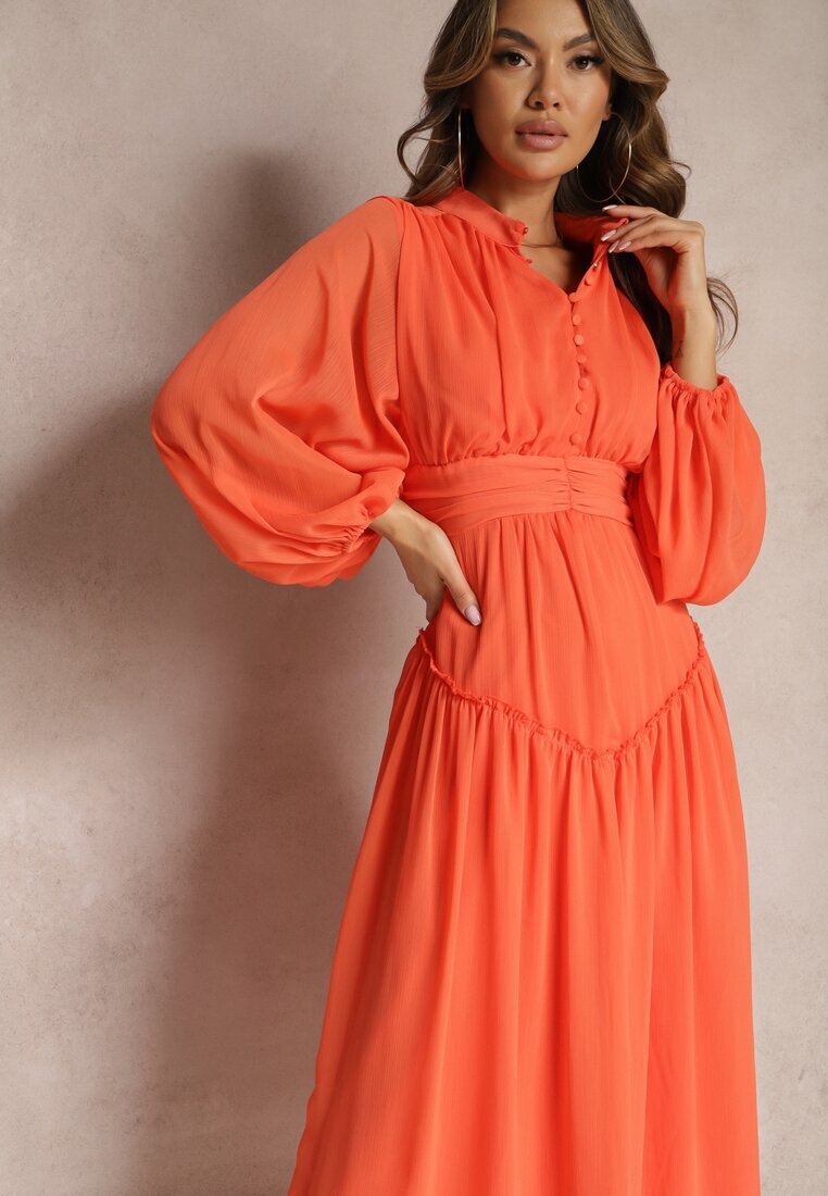 bisou's project Rochie Elegantă Portocalie în Stil Vintage cu nasturi îmbrăcați și draperii Lefandia