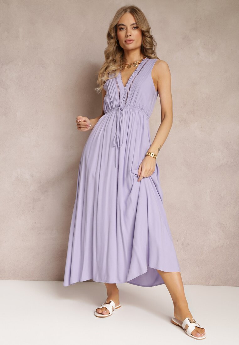 bisou's project Rochie Fioletowa Evazată Maxi cu elastic în talie și nasturi decorativi din viscoză Vianna