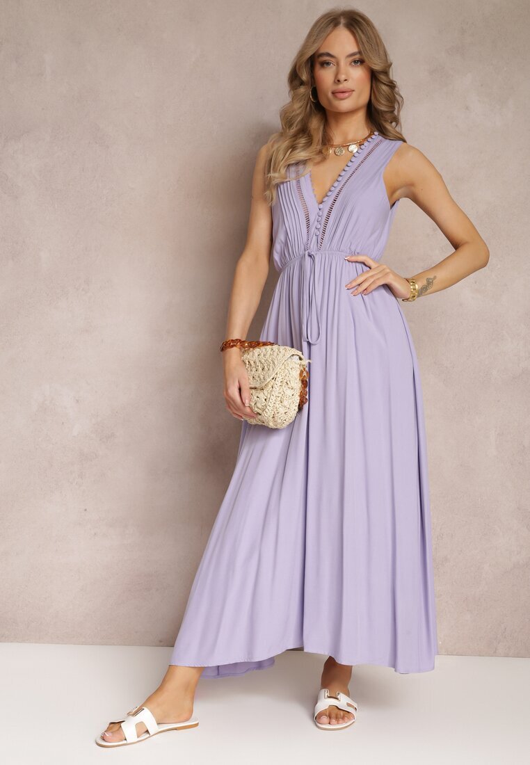 bisou's project Rochie Fioletowa Evazată Maxi cu elastic în talie și nasturi decorativi din viscoză Vianna