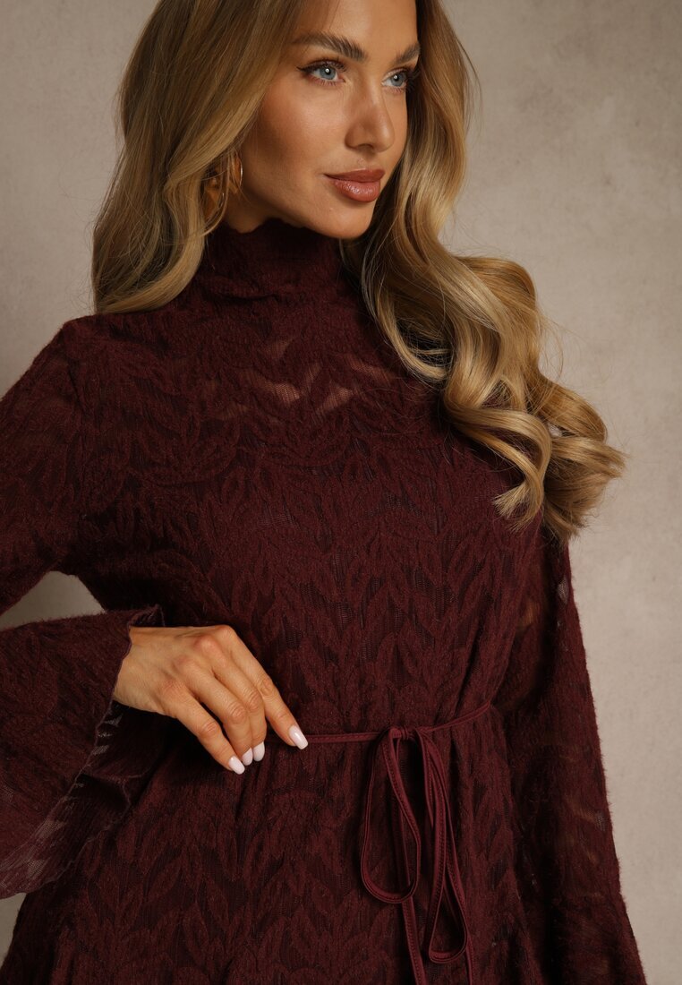 bisou's project Rochie Grena cu Guler Înalt din Dantelă Decorată cu Șnur în Talie și Volane Elarassa