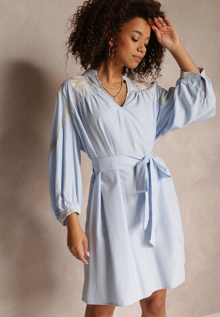 bisou's project Rochie Mini Albastră Dreaptă cu Cordon Legat și Broderie Eudas
