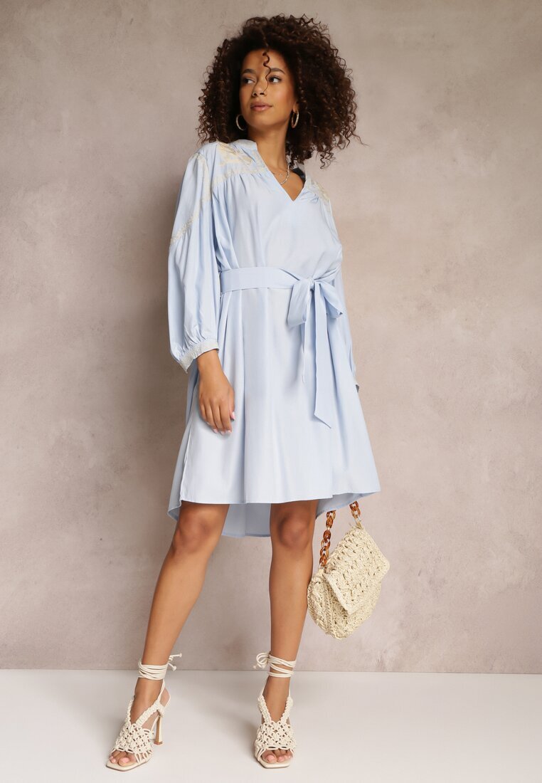 bisou's project Rochie Mini Albastră Dreaptă cu Cordon Legat și Broderie Eudas