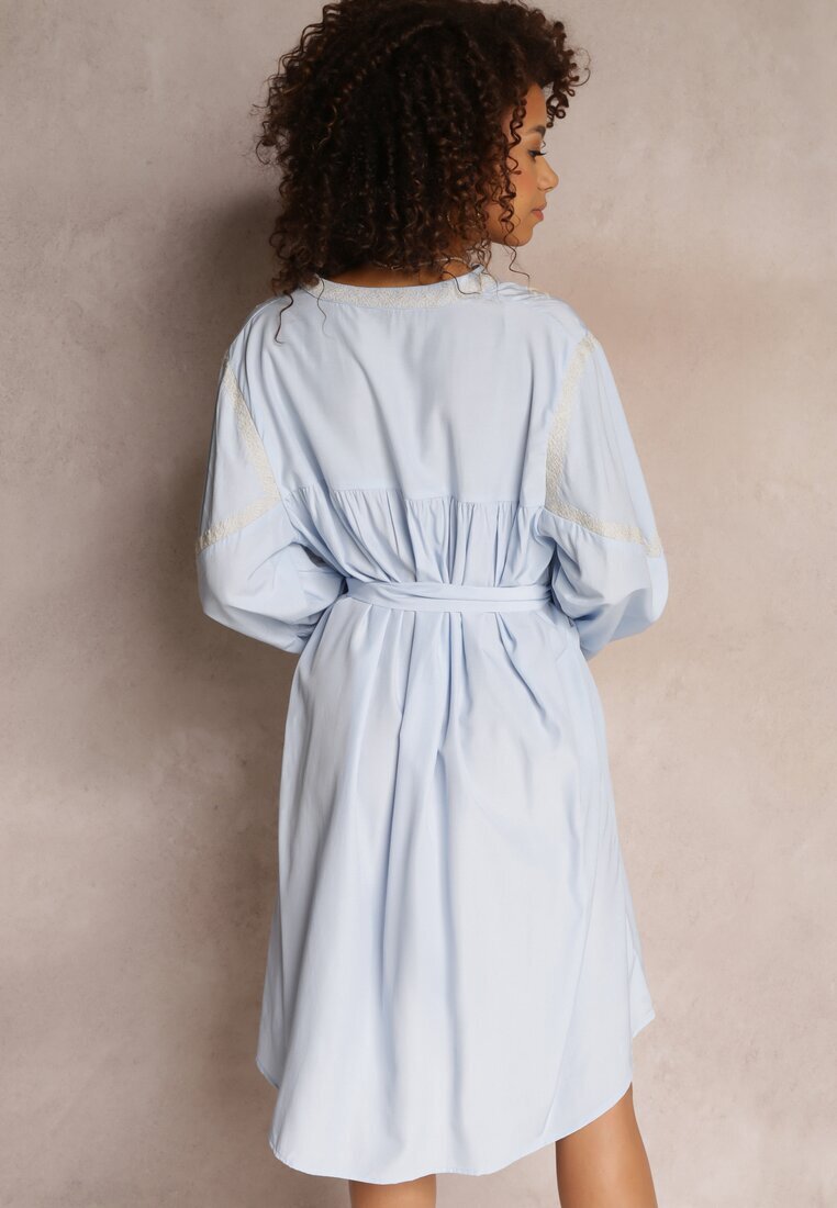 bisou's project Rochie Mini Albastră Dreaptă cu Cordon Legat și Broderie Eudas