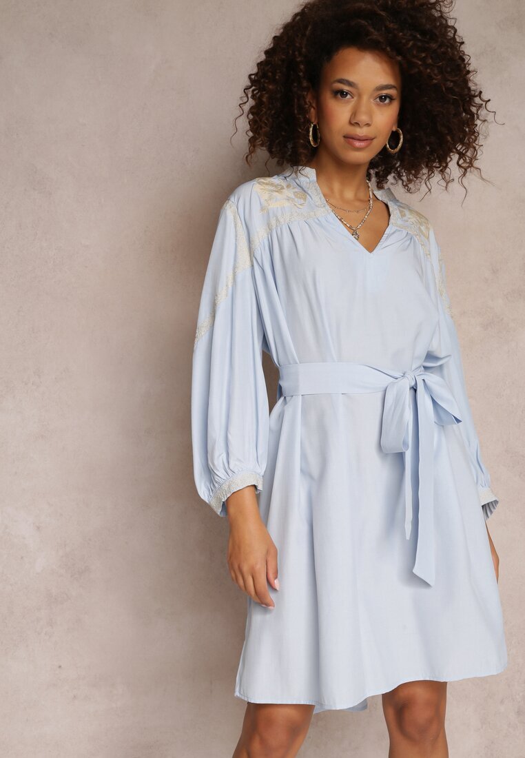bisou's project Rochie Mini Albastră Dreaptă cu Cordon Legat și Broderie Eudas