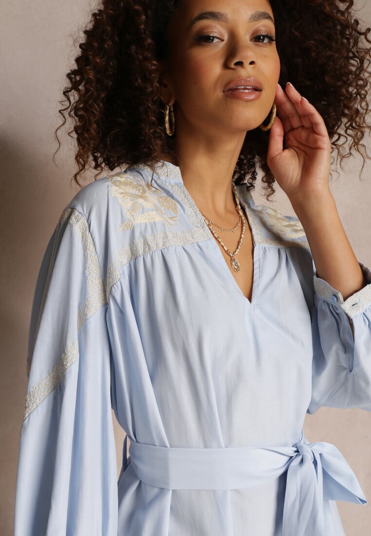 bisou's project Rochie Mini Albastră Dreaptă cu Cordon Legat și Broderie Eudas