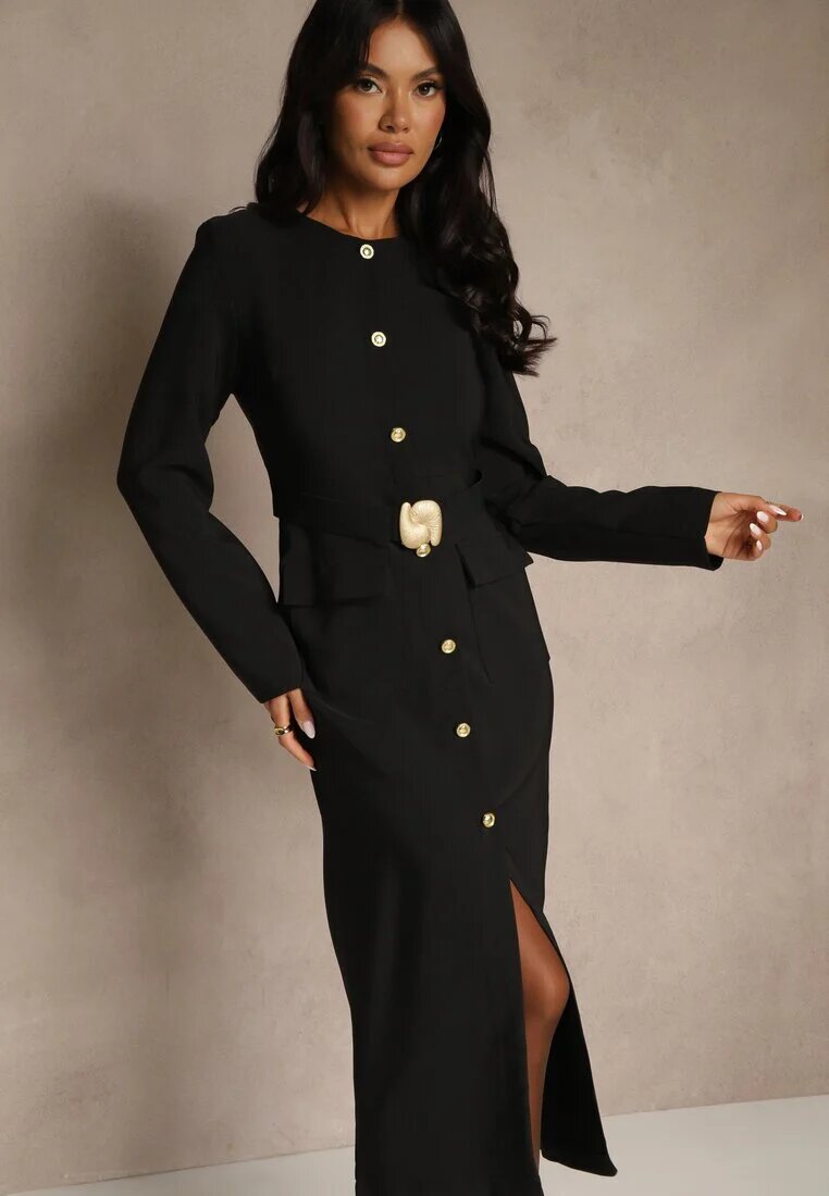 bisou's project Rochie Neagră Cintrata cu Nasturi Elegante și Cataramă Metalică Espedia