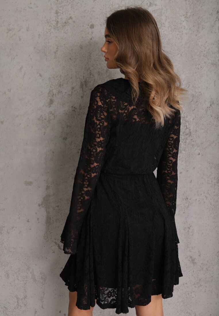 bisou's project Rochie neagră din dantelă decorată cu mâneci evazate și curea subțire Kylimna