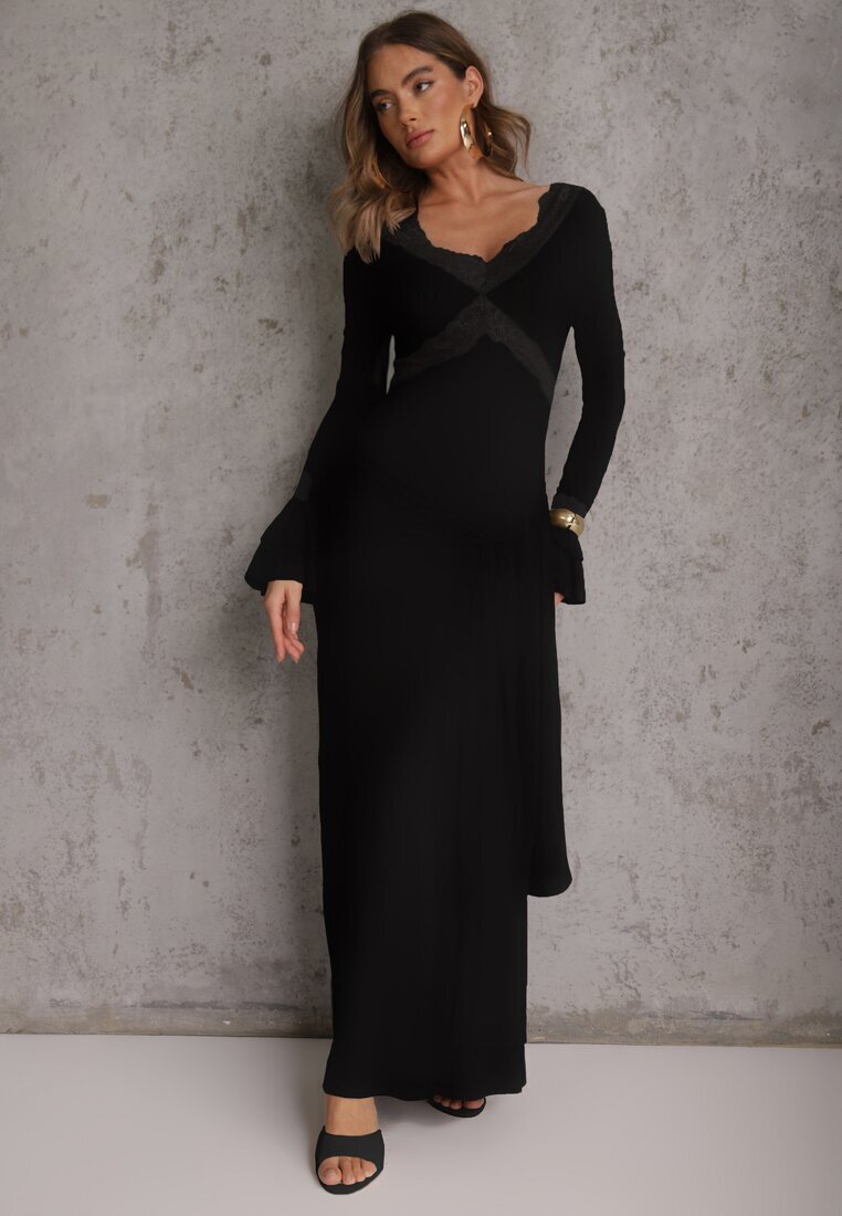 bisou's project Rochie Neagră din vâscoză de seară cu volane dantelă și trenă legată Lenivna