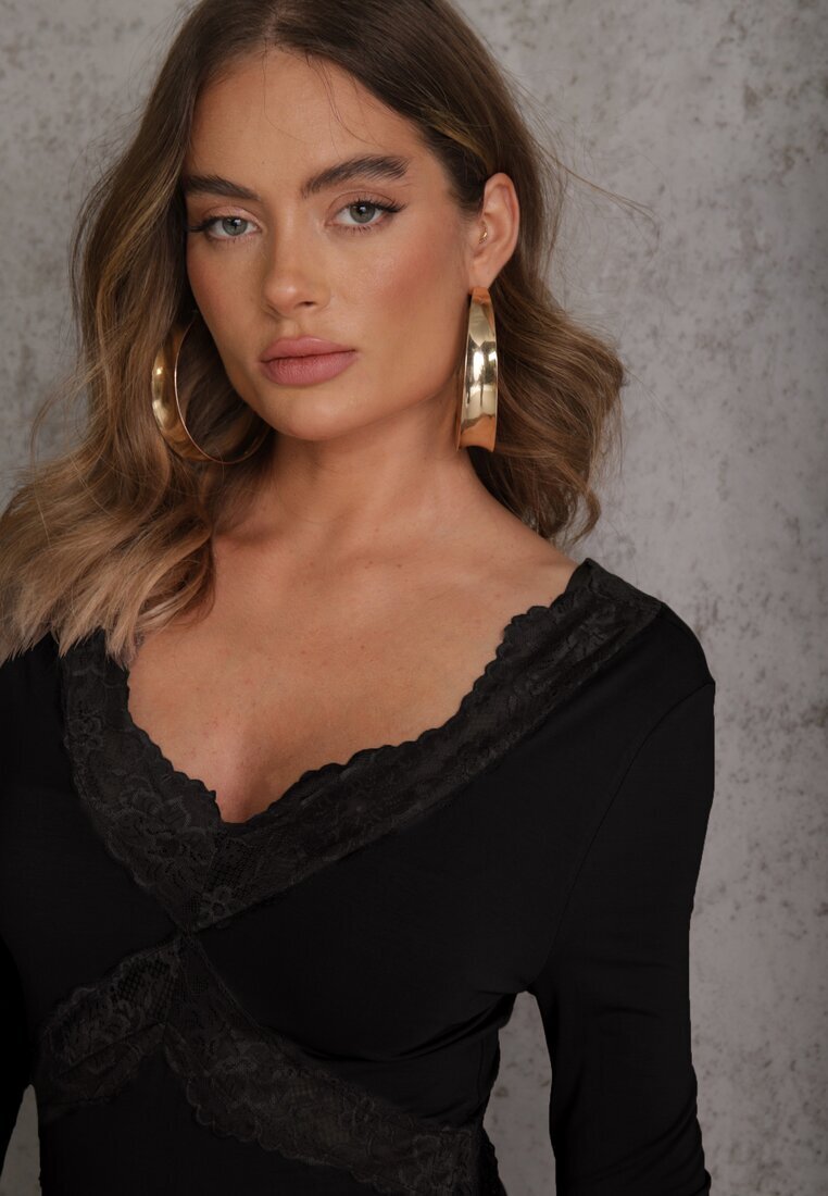 bisou's project Rochie Neagră din vâscoză de seară cu volane dantelă și trenă legată Lenivna