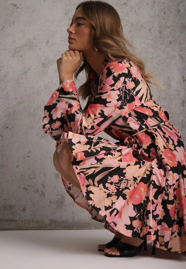 bisou's project Rochie Neagră din Viscoză cu Imprimeu Floral Decorată cu O Curea Asintena