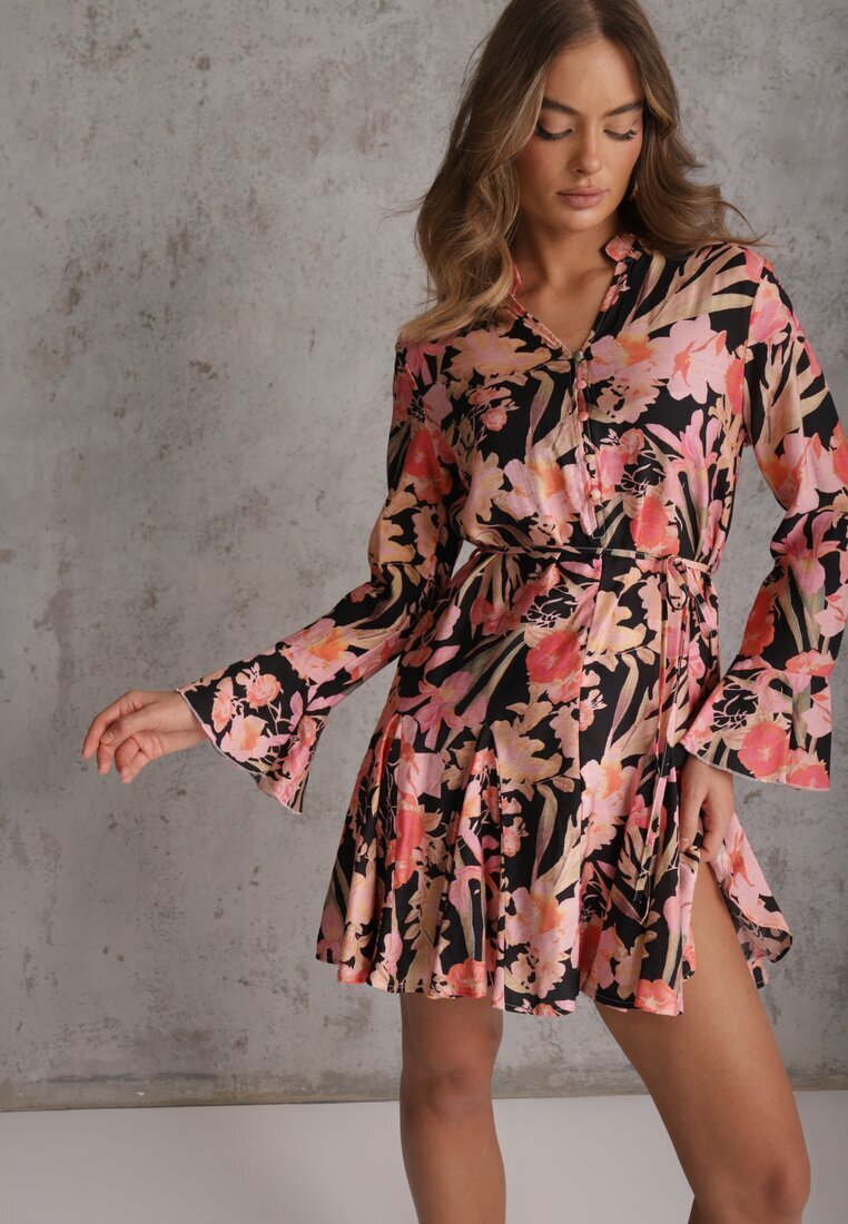 bisou's project Rochie Neagră din Viscoză cu Imprimeu Floral Decorată cu O Curea Asintena