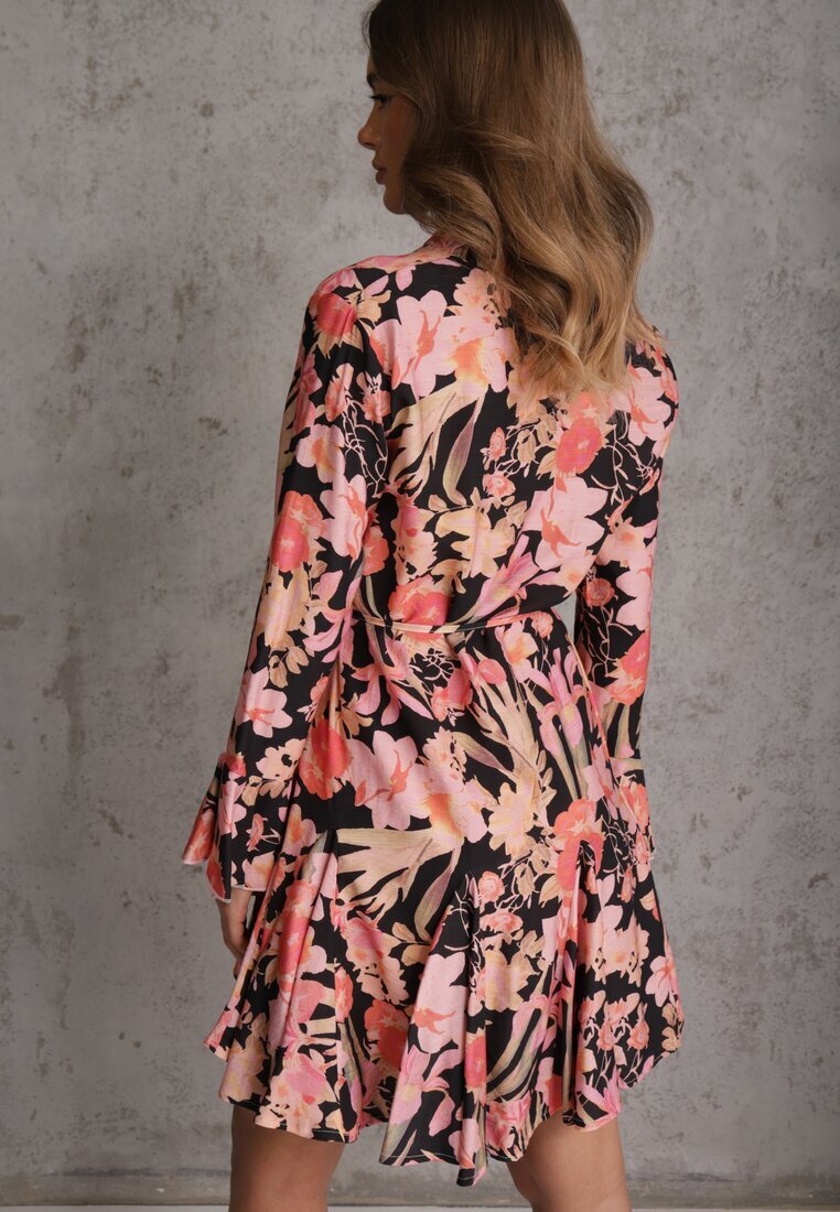 bisou's project Rochie Neagră din Viscoză cu Imprimeu Floral Decorată cu O Curea Asintena