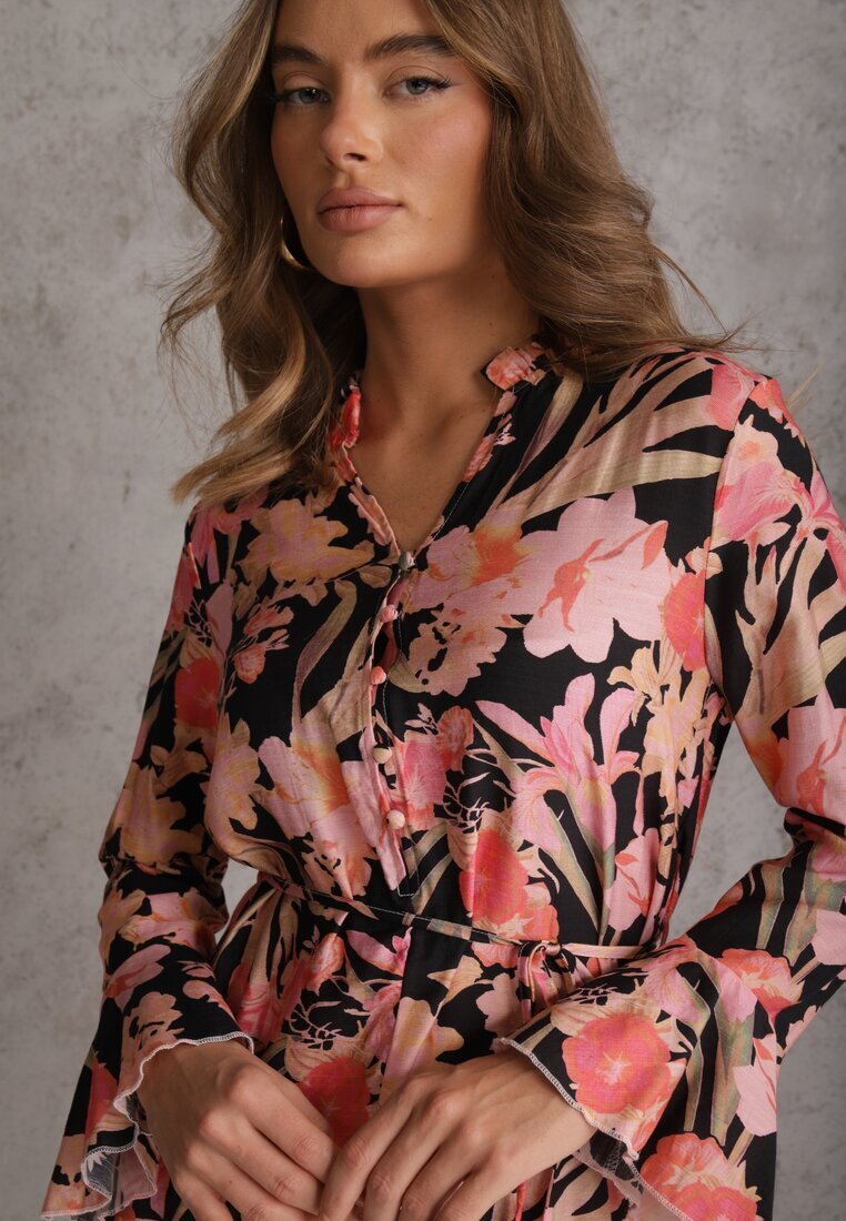 bisou's project Rochie Neagră din Viscoză cu Imprimeu Floral Decorată cu O Curea Asintena