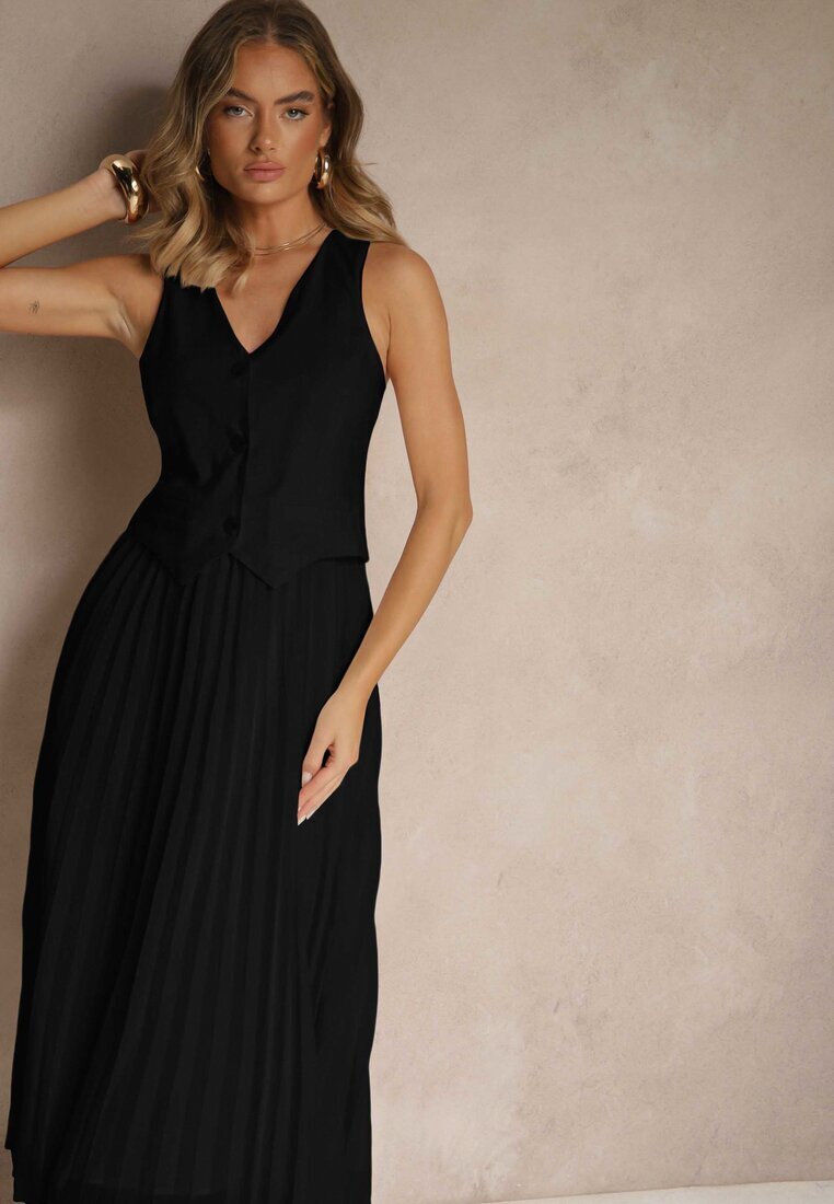 bisou's project Rochie Neagră din Viscoză cu Pliuri și Vestă Încorporată Silitha