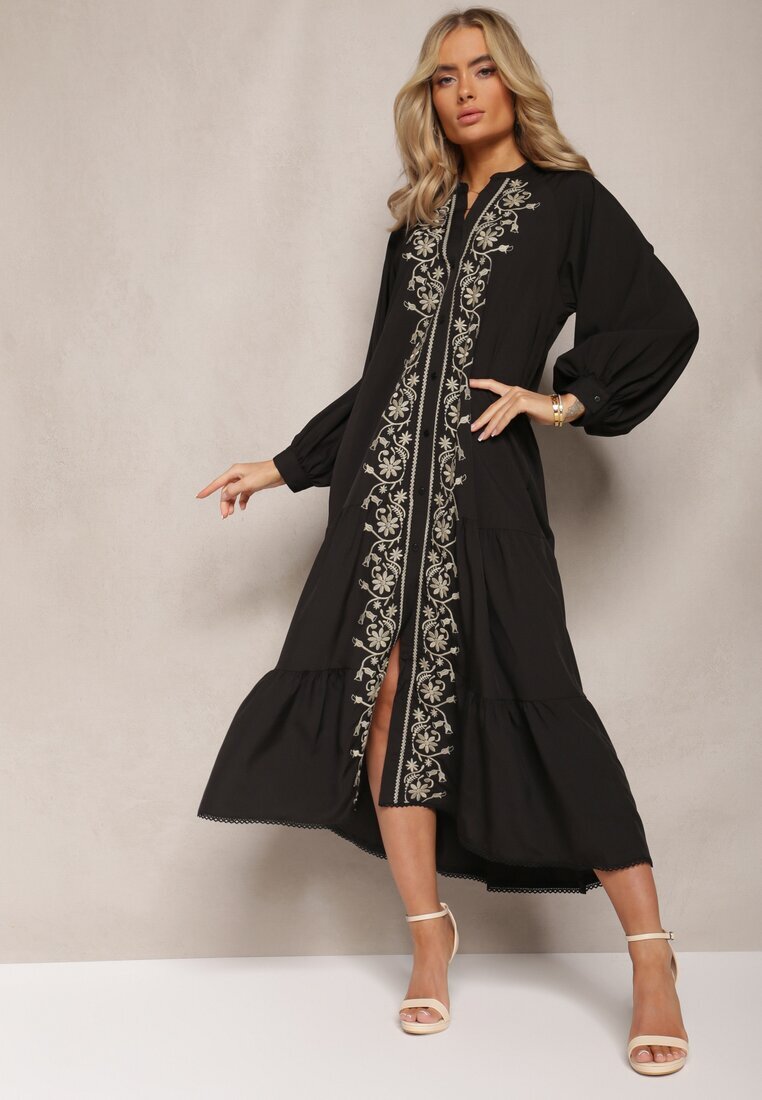 bisou's project Rochie neagră midi cu croială trapezoidală cu broderii decorative în stil Boho Tactila