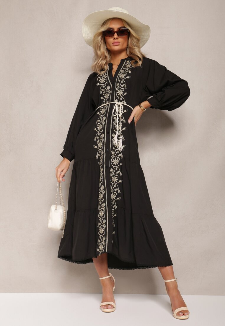 bisou's project Rochie neagră midi cu croială trapezoidală cu broderii decorative în stil Boho Tactila