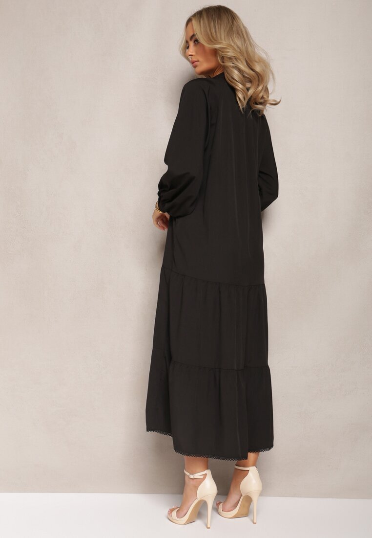 bisou's project Rochie neagră midi cu croială trapezoidală cu broderii decorative în stil Boho Tactila