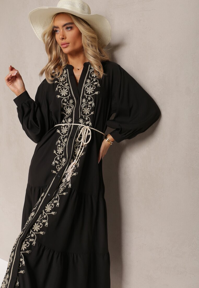 bisou's project Rochie neagră midi cu croială trapezoidală cu broderii decorative în stil Boho Tactila