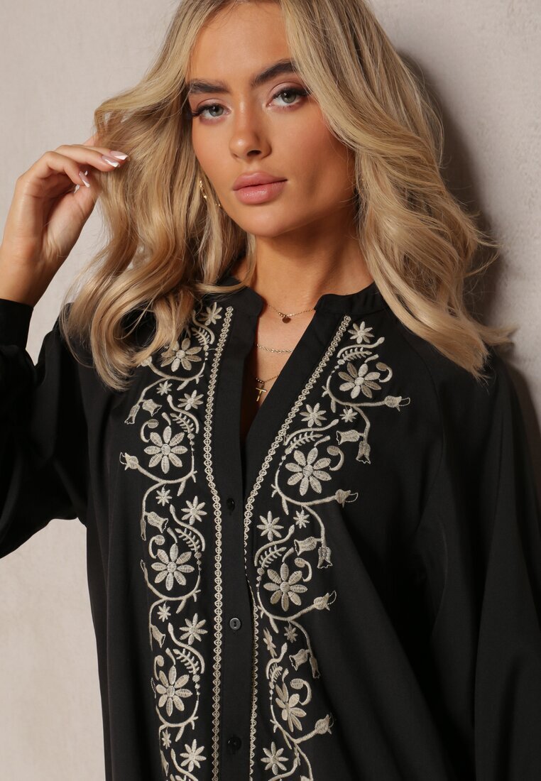 bisou's project Rochie neagră midi cu croială trapezoidală cu broderii decorative în stil Boho Tactila