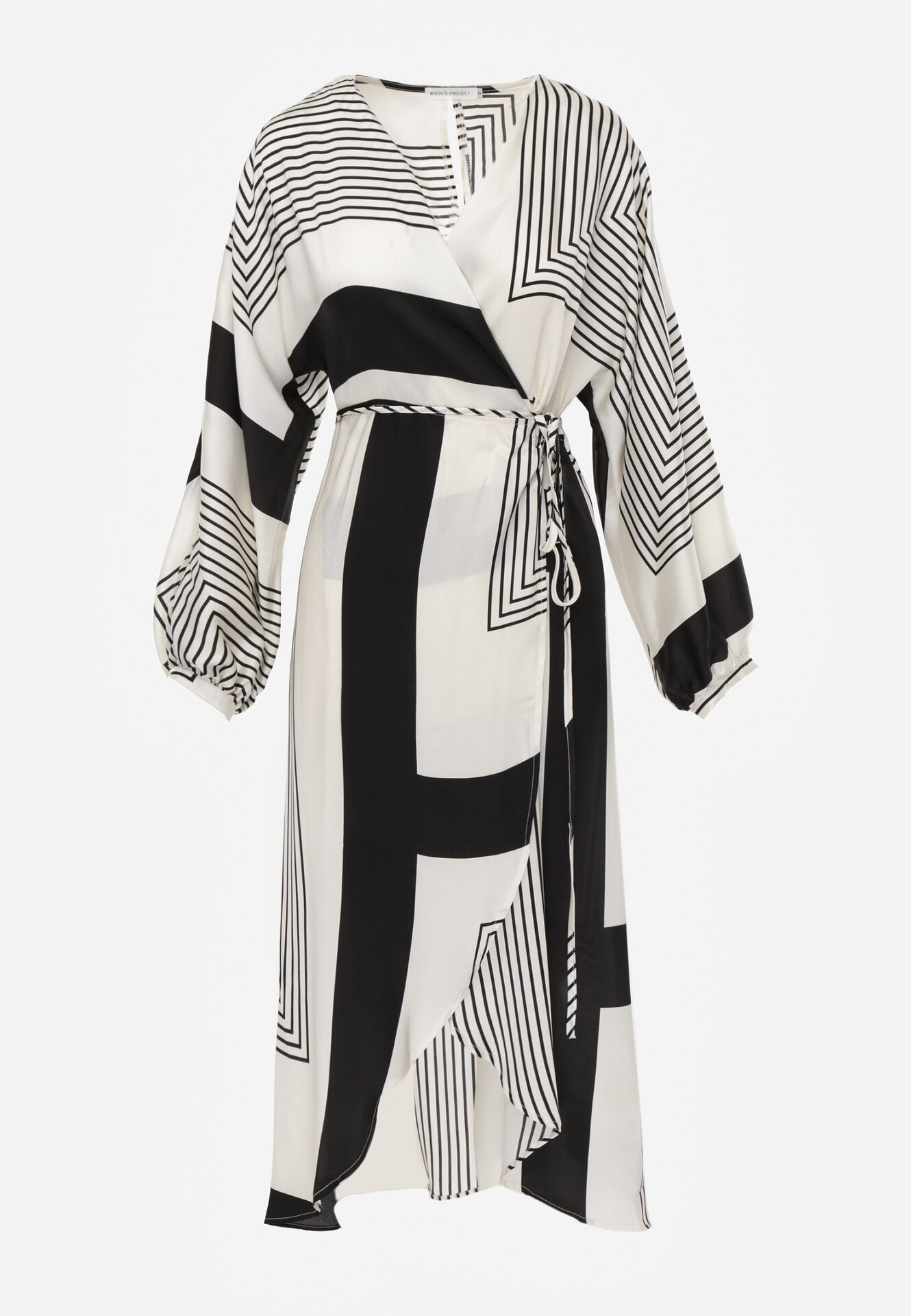 bisou's project Rochie neagră tip plic kimono legată în talie decorată cu model geometric Erostta
