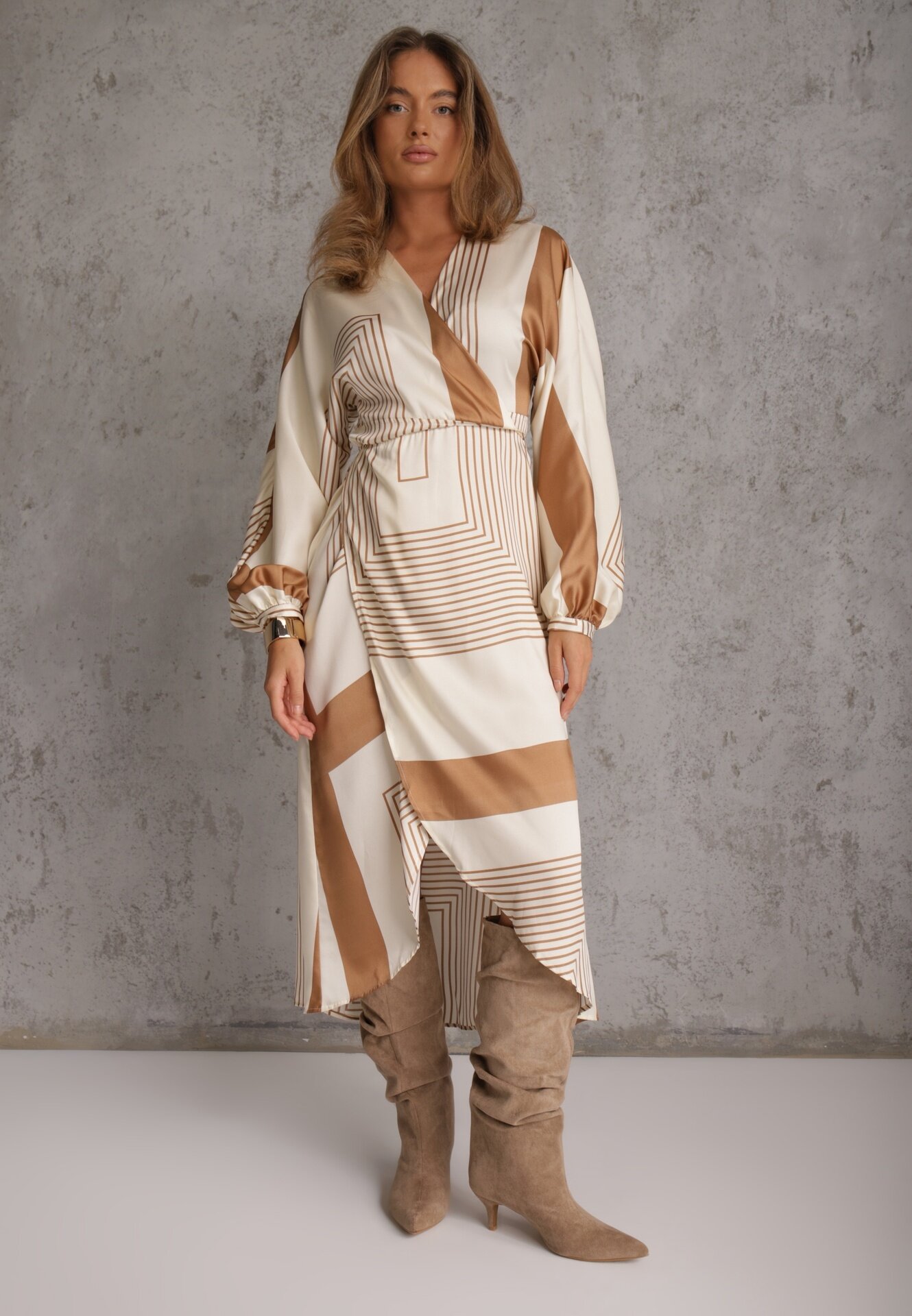 bisou's project Rochie petrecută tip kimono bej legată în talie decorată cu imprimeu geometric Erostta