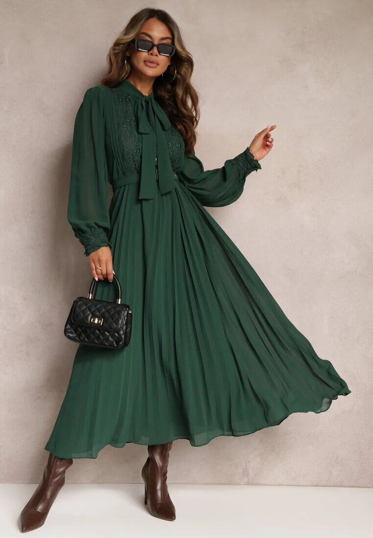 bisou's project Rochie Plisată Maxi Verde închis cu Dantelă și Curea Venila