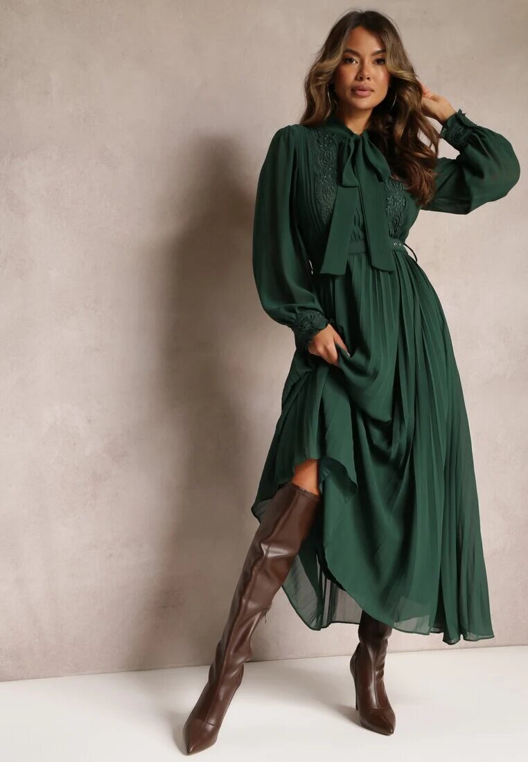 bisou's project Rochie Plisată Maxi Verde închis cu Dantelă și Curea Venila