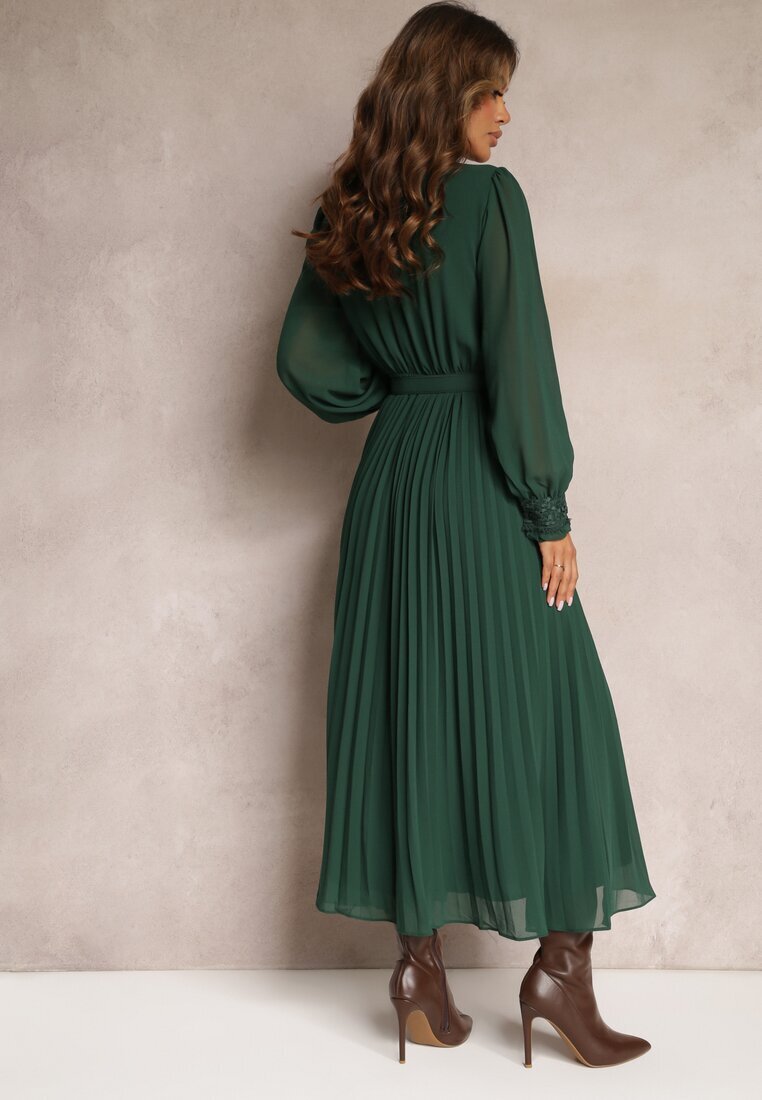 bisou's project Rochie Plisată Maxi Verde închis cu Dantelă și Curea Venila