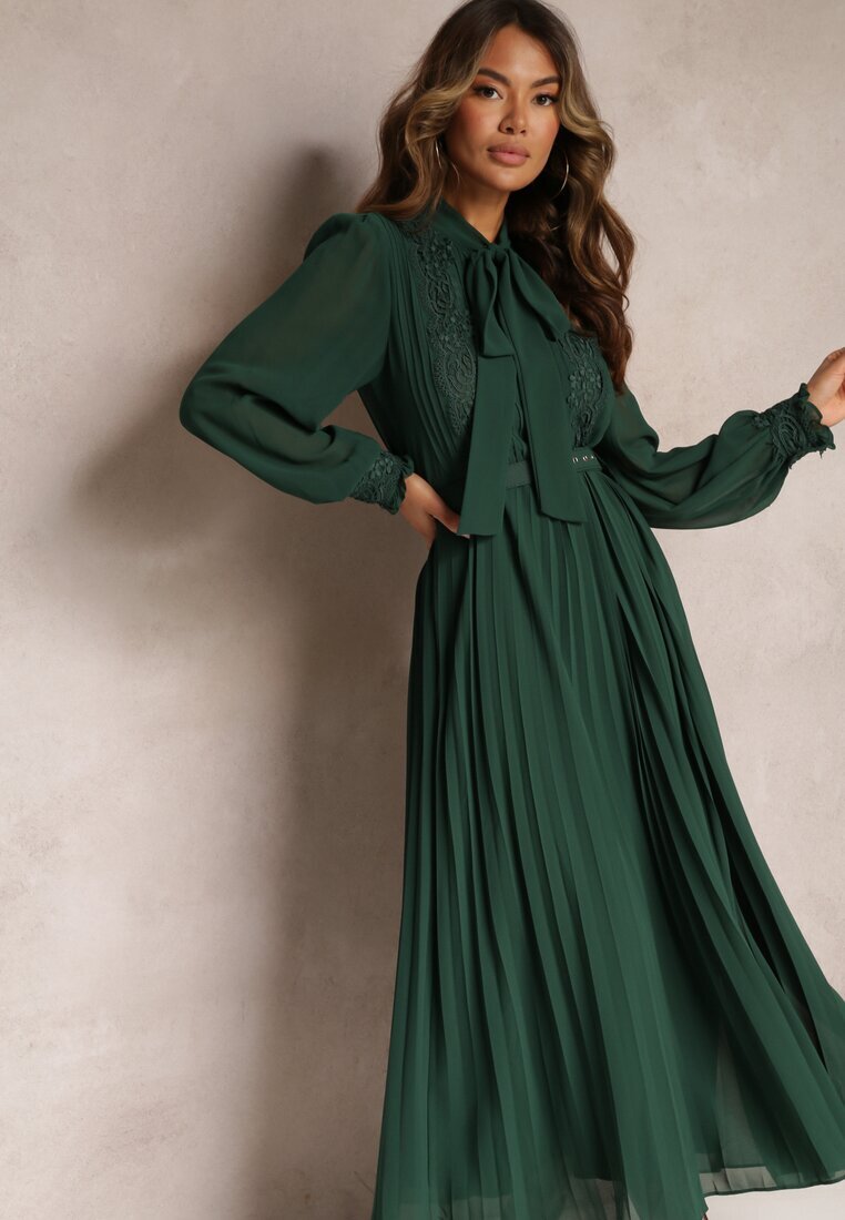 bisou's project Rochie Plisată Maxi Verde închis cu Dantelă și Curea Venila