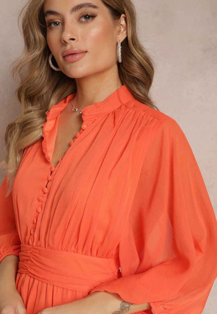 bisou's project Rochie Portocalie Mini cu Butoane Decorative și Mânecă 3/4 Parissa