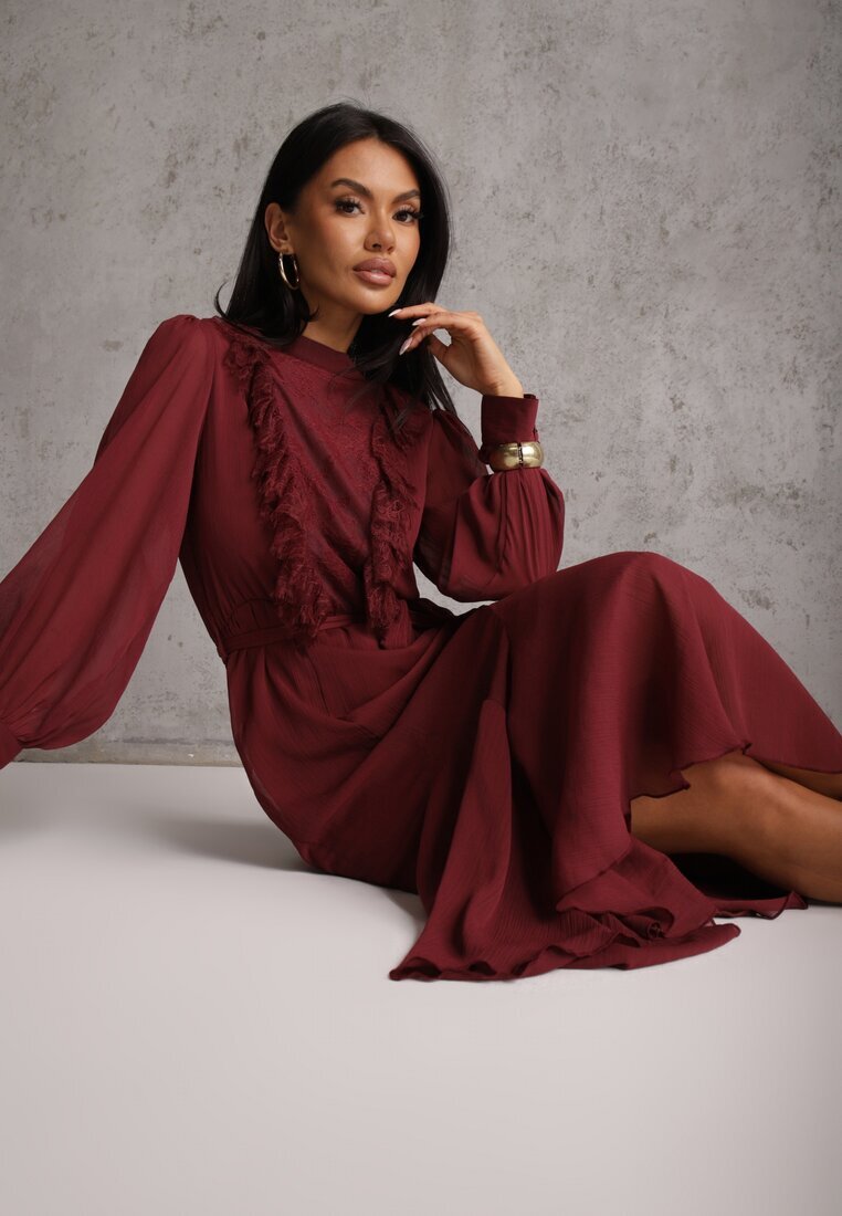 bisou's project Rochie Romantică Bordeaux cu Mâneci Bufante și Volan din Dantelă Sewmira