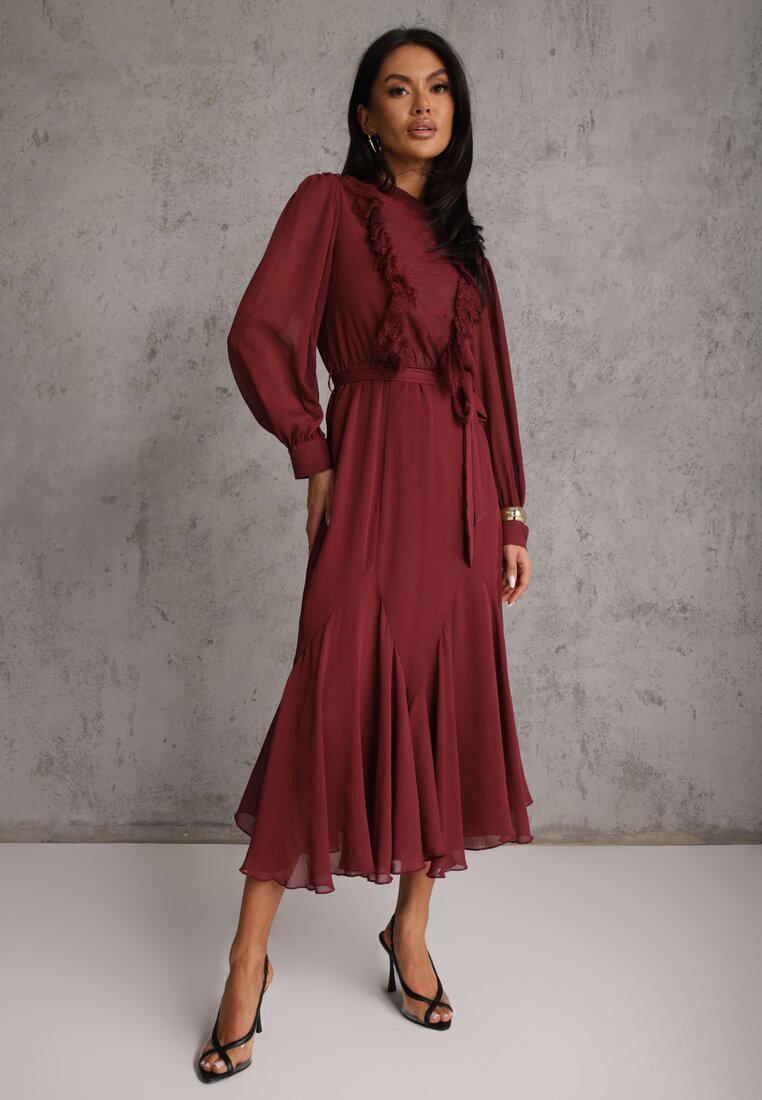 bisou's project Rochie Romantică Bordeaux cu Mâneci Bufante și Volan din Dantelă Sewmira