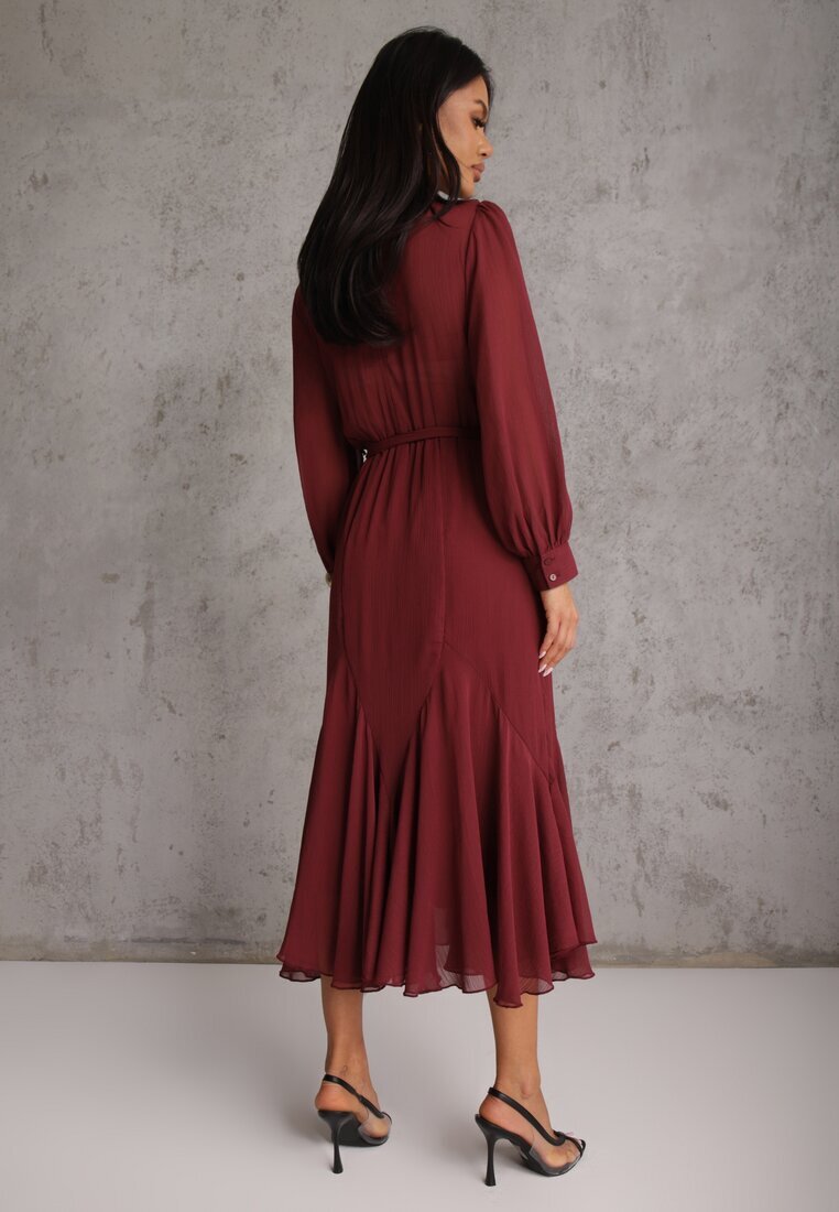 bisou's project Rochie Romantică Bordeaux cu Mâneci Bufante și Volan din Dantelă Sewmira