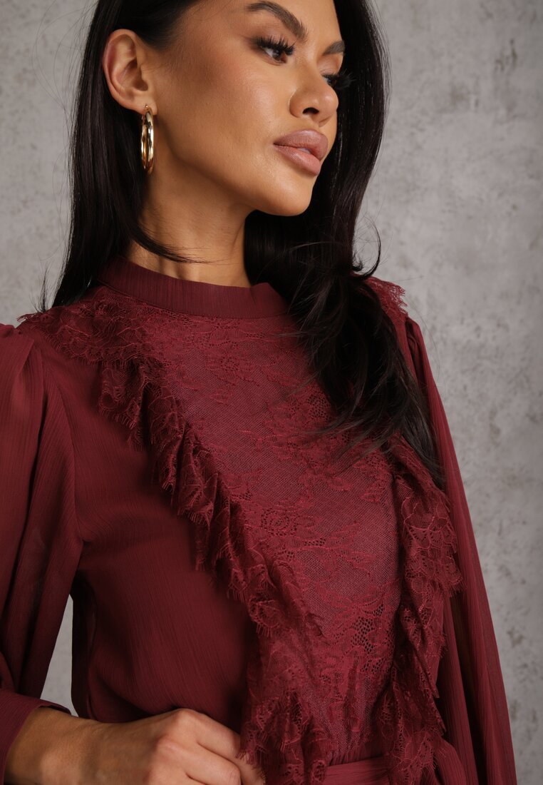 bisou's project Rochie Romantică Bordeaux cu Mâneci Bufante și Volan din Dantelă Sewmira