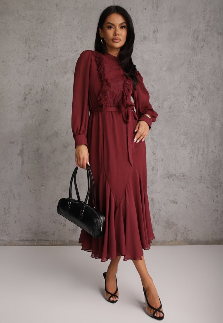 bisou's project Rochie Romantică Bordeaux cu Mâneci Bufante și Volan din Dantelă Sewmira