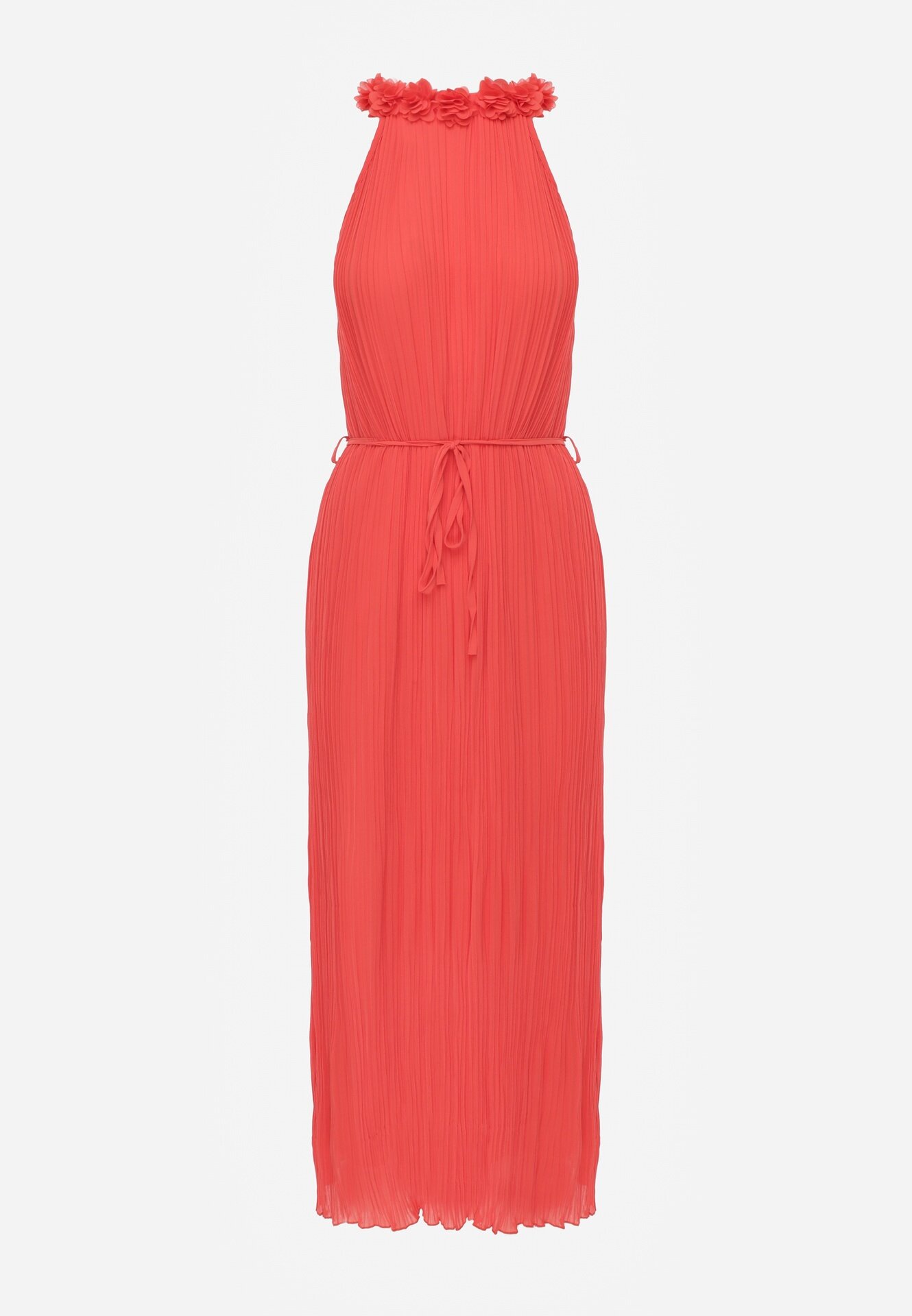bisou's project Rochie Roșie cu Decolteu tip Halter cu Centură din Material în Talie și Aplicații 3D Dimnnia
