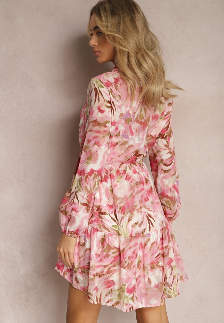 bisou's project Rochie Roz Mini cu Mâneci Lungi și cu Volan Decorată cu Model Floral Nadkira