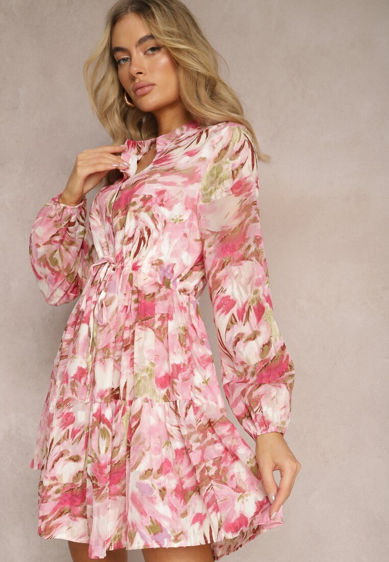 bisou's project Rochie Roz Mini cu Mâneci Lungi și cu Volan Decorată cu Model Floral Nadkira
