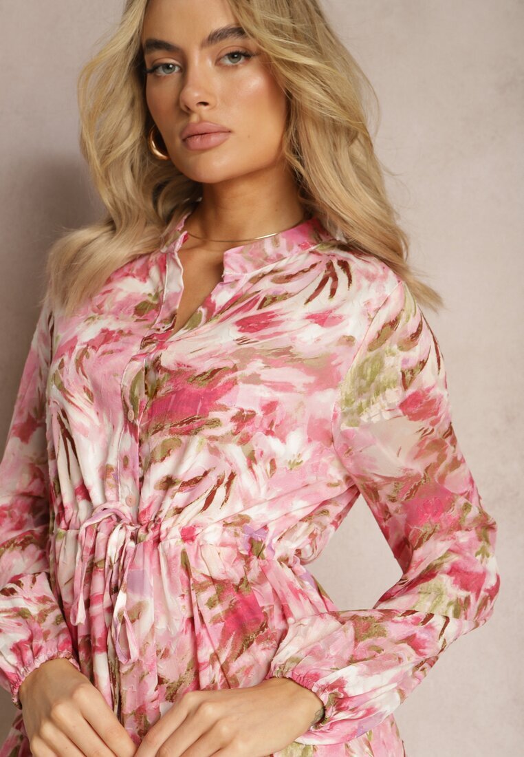 bisou's project Rochie Roz Mini cu Mâneci Lungi și cu Volan Decorată cu Model Floral Nadkira