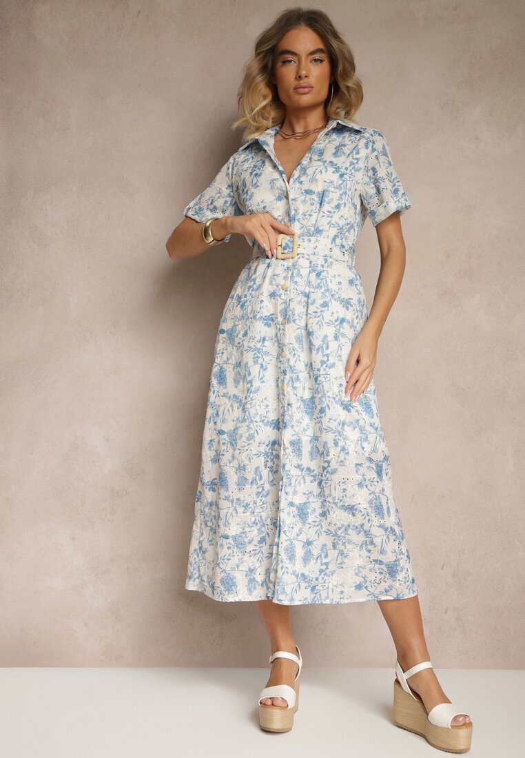 bisou's project Rochie Stil Cămașă Albastru Deschis Decorată Cu Broderie și Curea Cu Cataramă Redisina