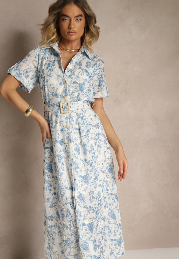 bisou's project Rochie Stil Cămașă Albastru Deschis Decorată Cu Broderie și Curea Cu Cataramă Redisina