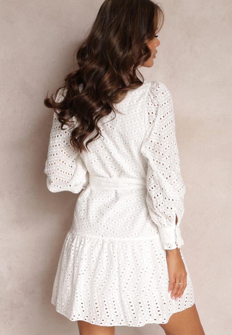 bisou's project Rochie Tip Cămașă Albă de Bumbac cu Centură și Broderie cu Decupaje Mici Clea